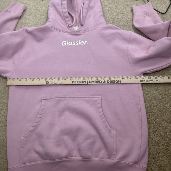 Glossier Pink Logo Hoodie Small Smiley Back Graphic Pullover Sweatshirt - Picture 7 of 8